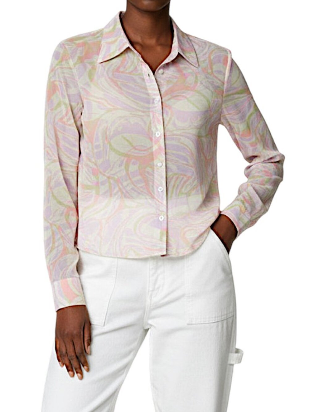BP.  Button-up Mesh Shirt In Ivory Multi Roxie Abstract Women's Size S